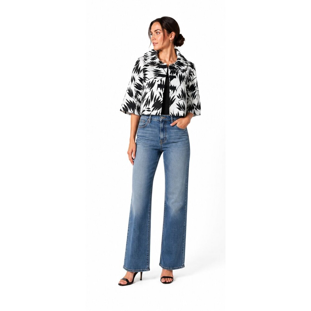 Pink Tartan Black White Botanical Cropped Bell Sleeve Jacket Size 8